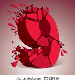 3d vector digital wireframe number 9 broken into different particles, geometric red polygonal numeration with lines mesh. Low poly shattered typescript, lattice element.