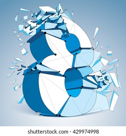 3d vector digital wireframe number 8 broken into different particles, geometric polygonal blue numeration with lines mesh. Low poly shattered typescript, lattice element.