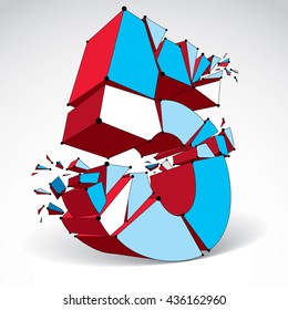 3d vector digital wireframe number 5 broken into different particles, geometric polygonal numeration with lines mesh. Low poly shattered typescript, lattice element.