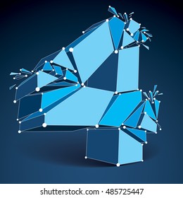 3d vector digital wireframe number 4 broken into different particles, geometric polygonal numeration with lines mesh. Low poly shattered typescript, lattice element.