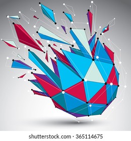 3d vector digital wireframe object broken into different particles and refractions, colorful geometric polygonal structure with lines mesh. Low poly shattered shape, lattice form.