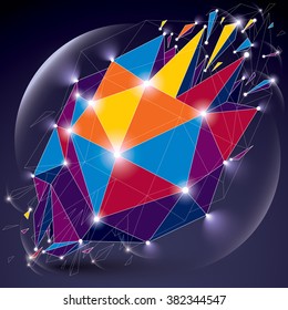 3d vector digital wireframe object broken into different particles, geometric polygonal structure with lines mesh and light effect. Low poly shattered glow shape, sparkle lattice form.
