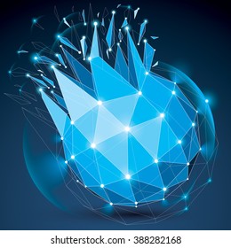 3d vector digital wireframe object broken into different particles, geometric polygonal structure with lines mesh and light effect. Low poly blue shattered glow shape, sparkle lattice form.