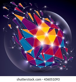 3d vector digital wireframe object broken into different particles, geometric polygonal structure with lines mesh and light effect. Low poly shattered glow shape, sparkle lattice form.