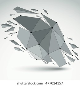 3d vector digital wireframe object broken into different particles and refractions, geometric polygonal structure with lines mesh. Low poly shattered shape, lattice form.