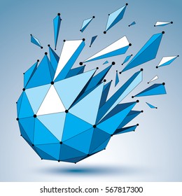 3d vector digital wireframe object broken into different particles and fractures, blue geometric polygonal structure with black and white lines mesh. Low poly shattered shape, lattice form.