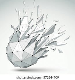 3d vector digital wireframe object broken into different particles and refractions, geometric polygonal structure with lines mesh. Low poly shattered shape, lattice spherical form.