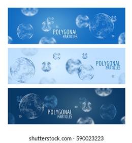 3d vector digital wireframe spheres. Blurred low poly objects on blue backgorund. Geometric science polygonal banners network concept