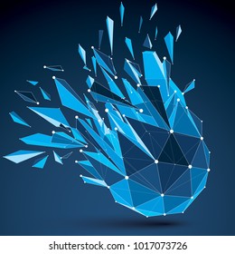 3d vector digital wireframe spherical object broken into different particles and fragments, geometric polygonal structure with white lines mesh. Low poly clear blue shattered shape, lattice form.