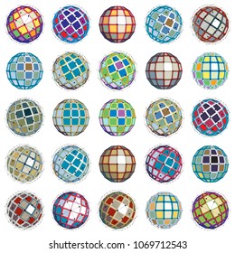 3d vector digital wireframe spherical objects made using different geometric facets. Polygonal orbs created with lines mesh. Low poly shapes collection, lattice forms for use in web design.