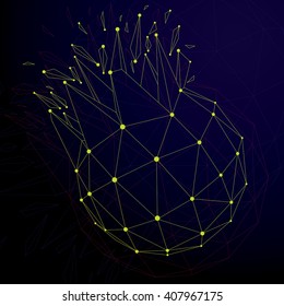 3d vector digital wireframe spherical object broken into different particles and refractions, geometric polygonal structure with lines mesh. Low poly shattered shape, cyberspace lattice form.