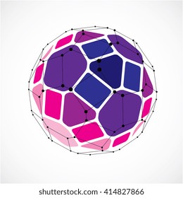 3d vector digital wireframe spherical object made using facets. Geometric polygonal purple ball created with lines mesh and pentagons. Low poly shape, lattice form for use in web design.