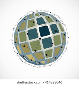 3d vector digital wireframe spherical object made using facets. Geometric polygonal green structure created with lines mesh and squares. Low poly shape, lattice form for use in web design.
