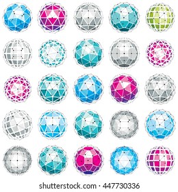 3d vector digital wireframe spherical objects made using different geometric facets. Polygonal orbs created with lines mesh. Low poly shapes collection, lattice forms for use in web design.