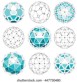 3d vector digital wireframe spherical objects made using different geometric facets. Polygonal orbs created with lines mesh. Low poly shapes collection, lattice forms for use in web design.