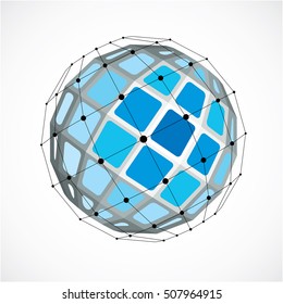 3d vector digital wireframe spherical object made using facets. Geometric polygonal blue structure created with lines mesh and squares. Low poly shape, lattice form for use in web design.