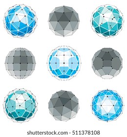 3d vector digital wireframe spherical objects made using different geometric facets. Polygonal orbs created with lines mesh. Low poly shapes collection, lattice forms for use in web design.