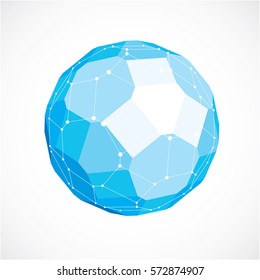 3d vector digital wireframe spherical object made using facets. Geometric polygonal blue ball created with lines mesh and pentagons. Low poly shape, lattice form for use in web design.
