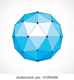 3d vector digital wireframe spherical object made using triangular facets. Geometric polygonal structure created with lines mesh. Low poly shape, blue lattice form for use in web design.
