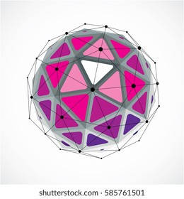 3d vector digital wireframe spherical object made using triangular facets. Geometric polygonal structure created with lines mesh. Low poly shape, purple lattice form for use in web design.