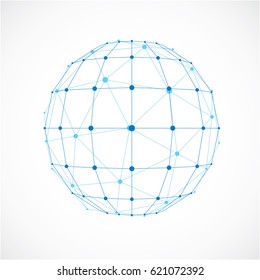 3d vector digital wireframe spherical object made using facets. Geometric polygonal blue ball created with lines mesh and triangles. Low poly shape, lattice form for use in web design.