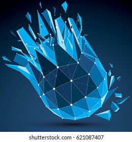 3d vector digital wireframe spherical object broken into different particles and fragments, geometric polygonal structure with white lines mesh. Low poly clear blue shattered shape, lattice form.