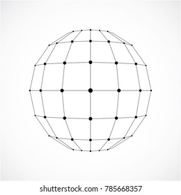 3d vector digital wireframe spherical object made using facets. Geometric polygonal monochrome structure created with lines mesh and squares. Low poly shape, lattice form for use in web design.