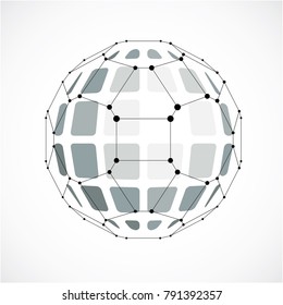 3d vector digital wireframe spherical object made using facets. Geometric polygonal gray ball created with lines mesh and pentagons. Low poly shape, lattice form for use in web design.