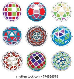 3d vector digital wireframe spherical objects made using different geometric facets. Polygonal orbs created with lines mesh. Low poly shapes collection, lattice forms for use in web design.