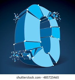 3d vector digital wireframe zero number broken into different particles, geometric polygonal numeration with lines mesh. Low poly shattered typescript, lattice element.