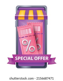 3D vector discount coupon illustration, smartphone screen, online shop concept on white, mobile app. Gift sale voucher, online shopping loyalty program, special offer benefit card. Lucky 3D coupon