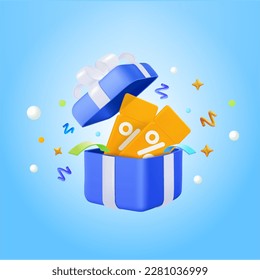 3d vector discount coupon, voucher vector event ticket icon badge, gift box with confetti special voucher concept. Holiday sale, lucky win surprise, benefit reward program offer, online shopping bonus