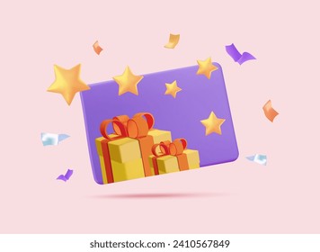 3D Vektor-Rabatt-Coupon, Voucher Vektor Event-Ticket Symbol-Button, Geschenkbox mit conetti speziellen Voucher-Konzept. Feiertagsverkauf, Glücksspiel-Überraschung, Prämienprogramm, Online-Shopping-Bonus