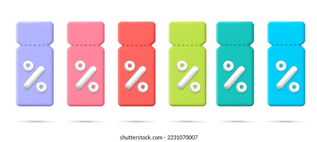 3d vector discount coupons with percentage sign  with percent symbol design. Realistic render colorful sale voucher card label tag isolated on white background.