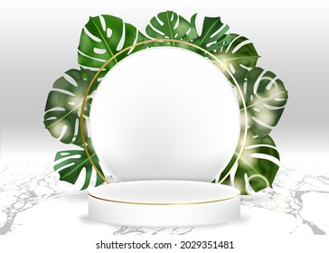3d vector display. White marble cylinder podium in white background. decor by monstera leaves scene stage mockup showcase for product, sale, banner, discount, presentation, cosmetic, 