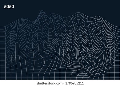 3D Vector distorted grid design. Abstract wireframe landscape. Detailed lines on dark blue background.