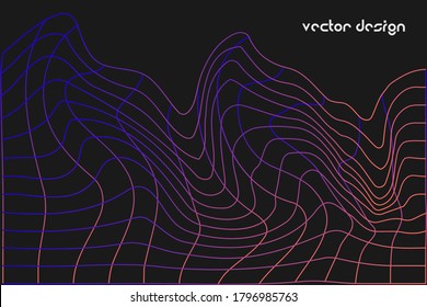 3D Vector distorted grid design. Abstract wireframe landscape. Detailed gradient lines on black background.