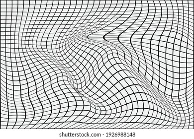 3D Vector distorted grid design. Abstract wireframe landscape. Detailed lines on white background. Optical Illusion.