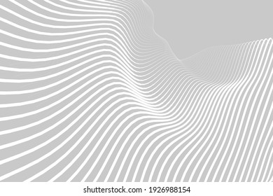 3D Vector distorted grid design. Abstract wireframe landscape. Detailed lines on white background. Optical Illusion.