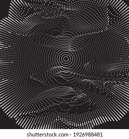 3D Vector distorted grid design. Abstract wireframe landscape. Detailed lines on  black background. Optical Illusion.