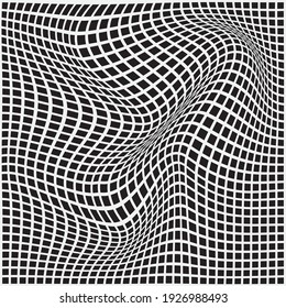 3D Vector distorted grid design. Abstract wireframe landscape. Detailed lines on  black background. Optical Illusion.