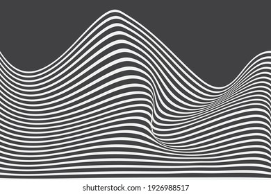 3D Vector distorted grid design. Abstract wireframe landscape. Detailed lines on  black background. Optical Illusion.