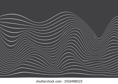 3D Vector distorted grid design. Abstract wireframe landscape. Detailed lines on  black background. Optical Illusion.