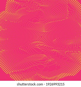 3D Vector distorted grid design. Abstract wireframe landscape. Detailed lines with gradient colors. Optical illusion background.