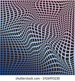 3D Vector distorted grid design. Abstract wireframe landscape. Detailed lines with gradient colors. Optical illusion background.