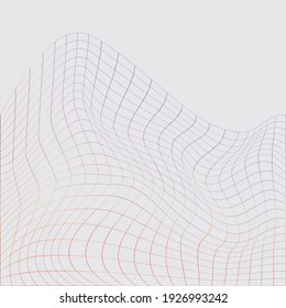 3D Vector distorted grid design. Abstract wireframe landscape. Detailed lines with gradient colors. Optical illusion background.