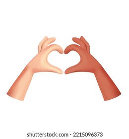 3d vector  diversity Multicultural female hands make love gesture together poster design. Cartoon render diversity human show solidarity and friendship symbol.