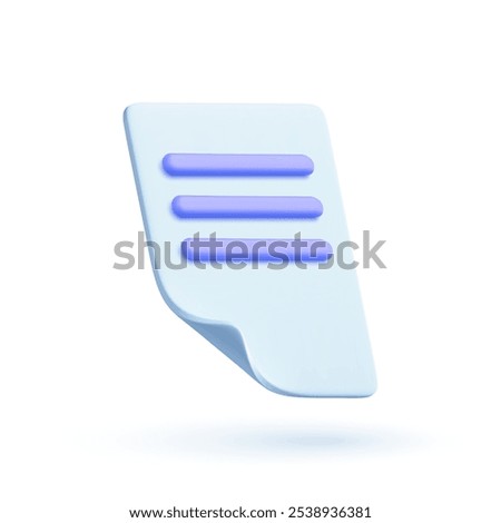 3d vector document icon in cartoon style. White paper sheet.
