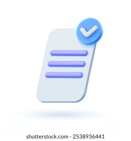 3d vector document icon with check mark in cartoon style. White paper sheet.