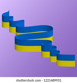 3D vector drawing. Blue-yellow ribbon isolated on purple background.